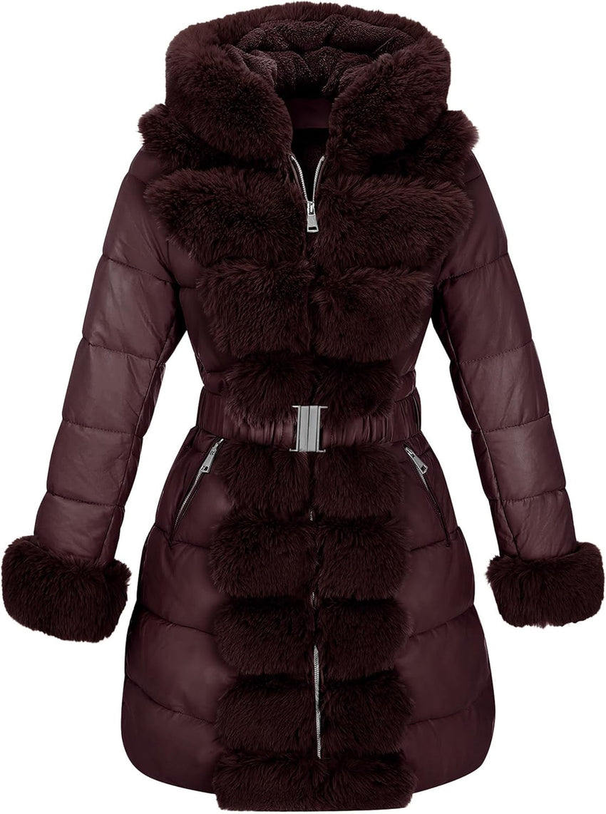 RISISSIDA Women Winter Fur Lined Coat,Puffer Jacket with Long Fur Trim Hooded,Warm Leather Bubble Overcoat Cold-resistant