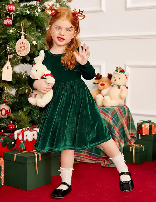 Arshiner Toddler Velvet Dress Little Girls Fall Winter Long Sleeve Ruffle Holiday Birthday Party Dresses with Pockets