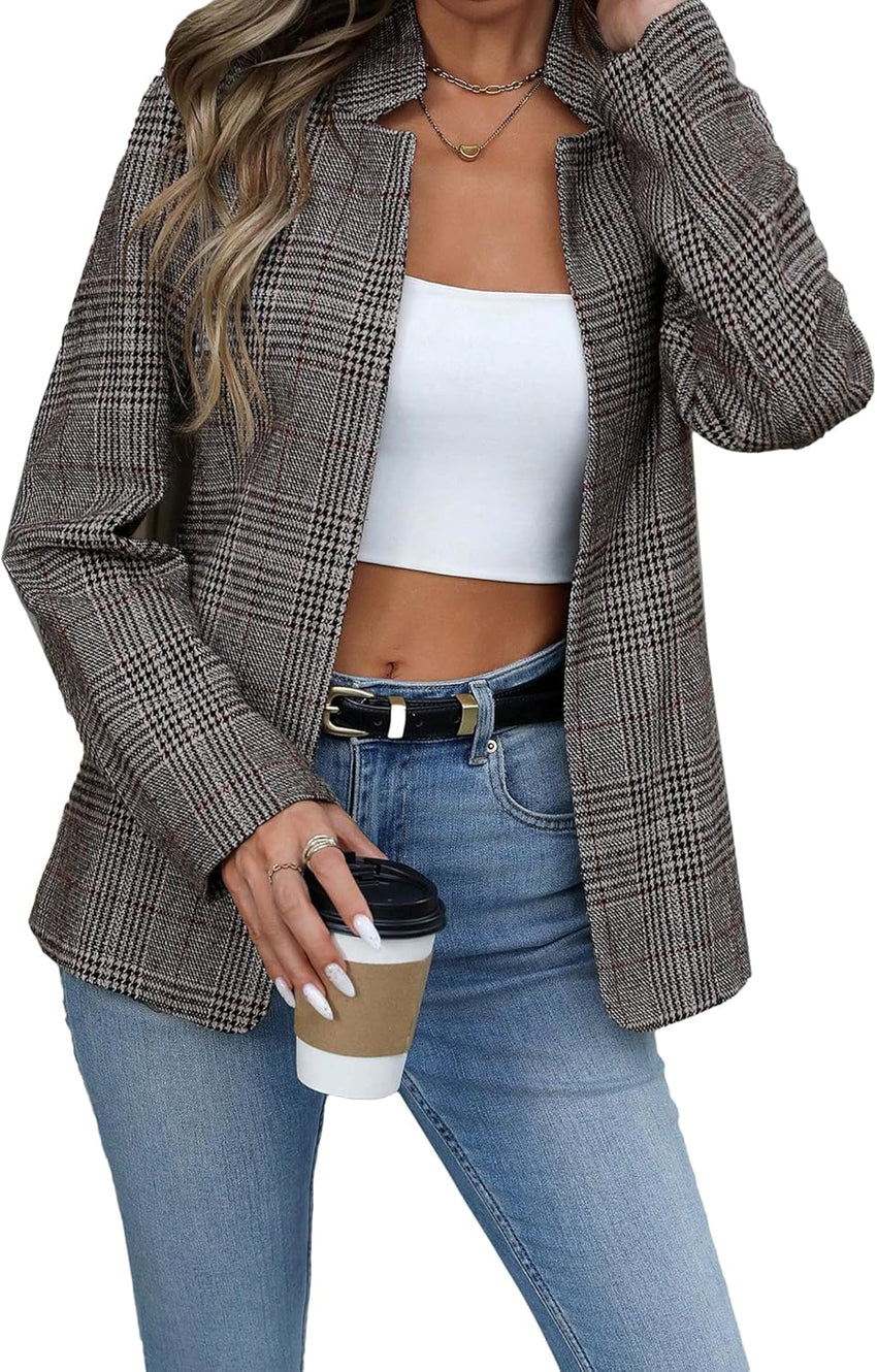 Mina Self 2024 Fall Winter Plaid Blazer Jacket for Women Houndstooth Open Front Elegant Fully Lined Business Work Suit