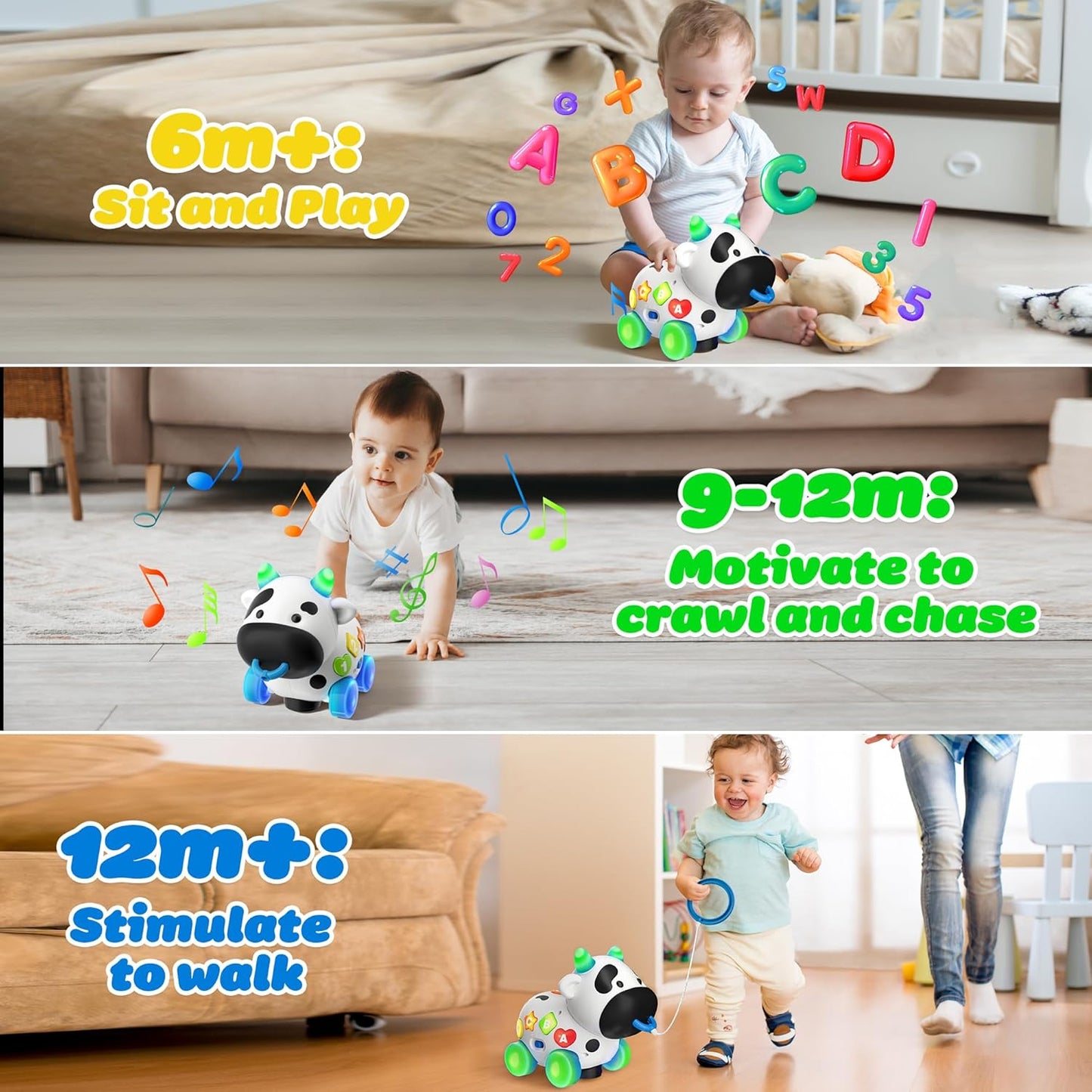 Musical Cow Baby Toys 6-12-18 Months, Bilingual Crawling Walking Toddler Educational Learning Toy for 1 Year Old Boy Girl Birthday Gifts, 6 7 8 9 10 12 Month Old