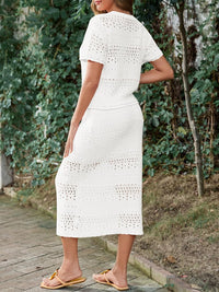 Tankaneo Womens Crochet Cover Up 2 Piece Skirt Sets Short Sleeve Knit Top Midi Skirt Vacation Travel Outfits