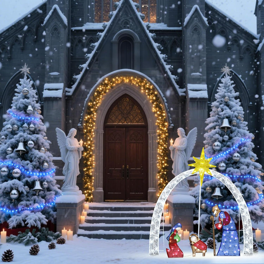 Outdoor Nativity Scene Set Christmas Decorations, 52" H Lighted Arch Holy Family Holiday Yard Decors Set, 115 Warm White LED Lights, Classic Xmas for Lawn, Garden, Easy Assembly