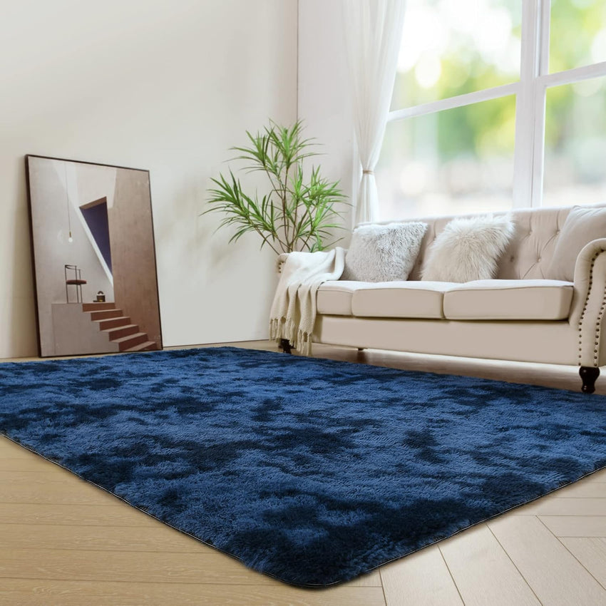 duduta Navy Blue Fluffy Plush Runner Rugs 2x6 ft Tie Dye Rectangle Shag Rug for Bedroom Dorm Living Room Kids Room, Machine Washable Anti-Slip