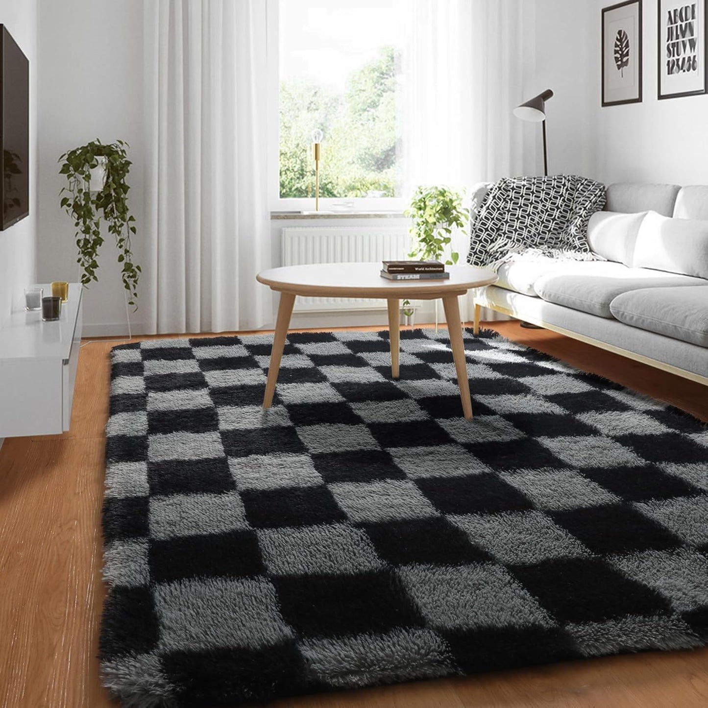 KICMOR Navy Blue and Cream White Rugs for Living Room, 4x6 Fluffy Fuzzy Shag Checkered Rug Shaggy Carpet for Bedroom, Soft Plush Area Rug for Nursery Toddler Room Classroom Study Room Kids Room