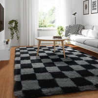 KICMOR Navy Blue and Cream White Rugs for Living Room, 4x6 Fluffy Fuzzy Shag Checkered Rug Shaggy Carpet for Bedroom, Soft Plush Area Rug for Nursery Toddler Room Classroom Study Room Kids Room