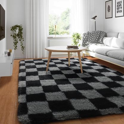 KICMOR Navy Blue and Cream White Rugs for Living Room, 4x6 Fluffy Fuzzy Shag Checkered Rug Shaggy Carpet for Bedroom, Soft Plush Area Rug for Nursery Toddler Room Classroom Study Room Kids Room