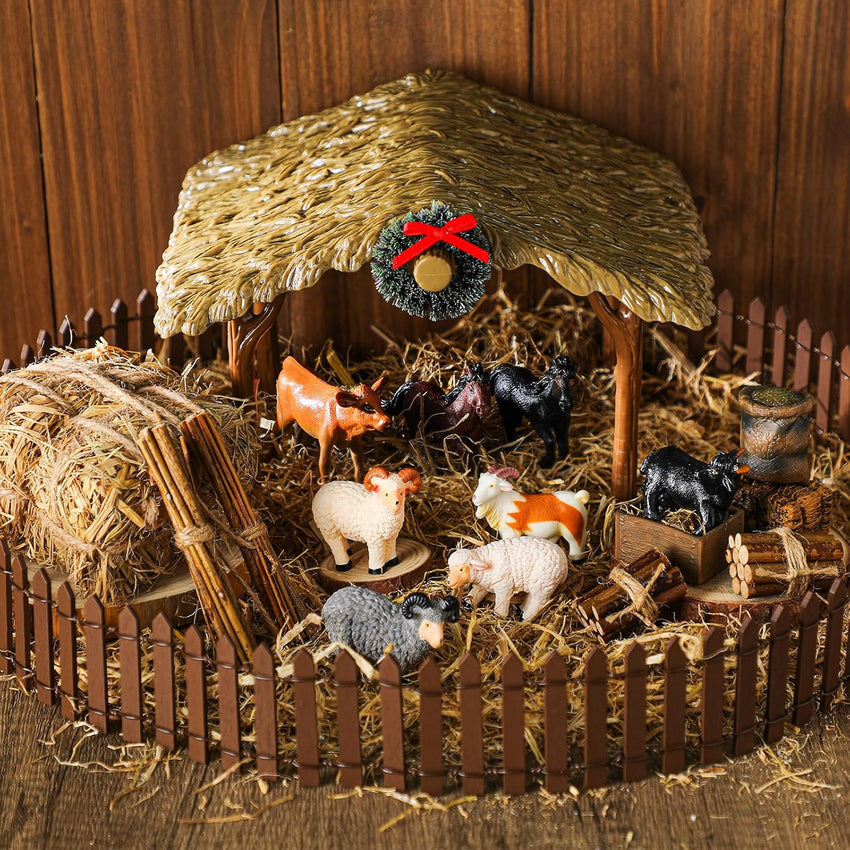 Thyle 20 Pcs Christmas Nativity Scene Manger Shed Kits Miniature Stable for Christmas Nativity Table Top Decor Including Thatched Roof, Fence, Farm Animals, Hay Bales & Tools Firewood Pile Cow
