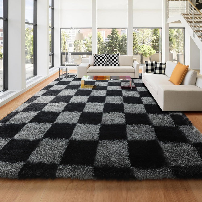 KICMOR Navy Blue and Cream White Rugs for Living Room, 4x6 Fluffy Fuzzy Shag Checkered Rug Shaggy Carpet for Bedroom, Soft Plush Area Rug for Nursery Toddler Room Classroom Study Room Kids Room
