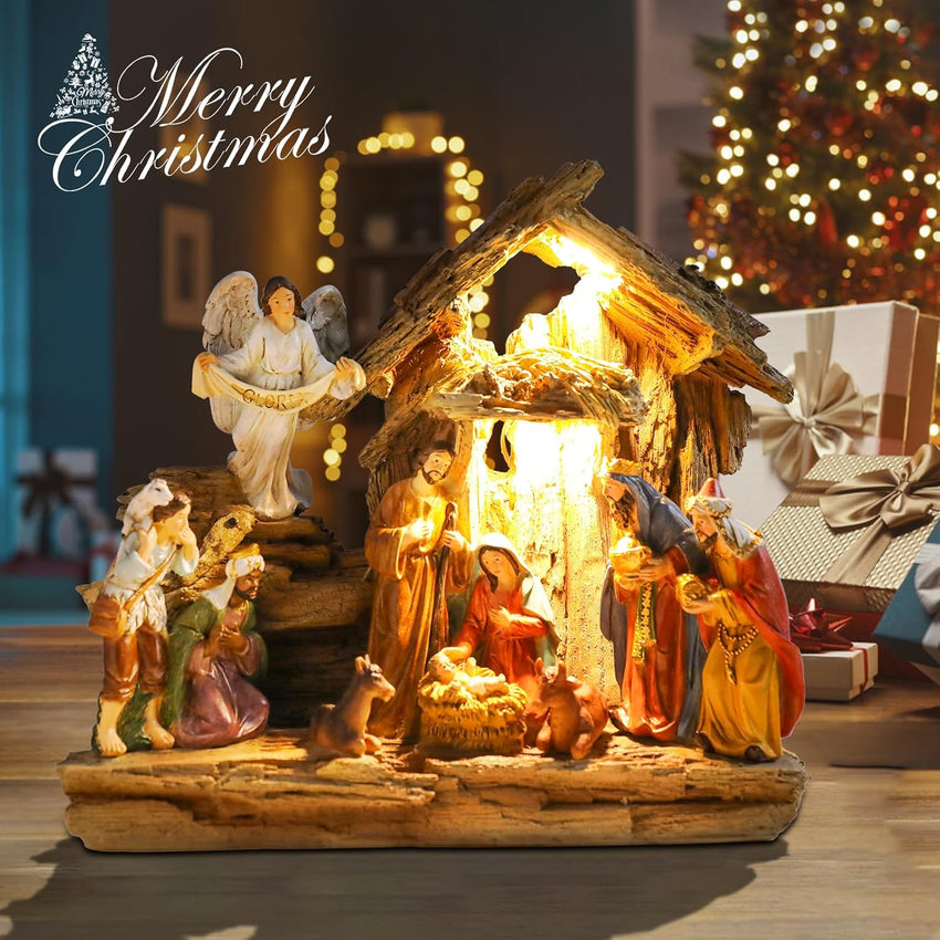 Yinns 9.8 Inch Christmas Nativity Sets, Light Up Nativity Scene Indoor, Manger Nativity Scene Figures Set Holy Family Christmas Tabletop Decotation