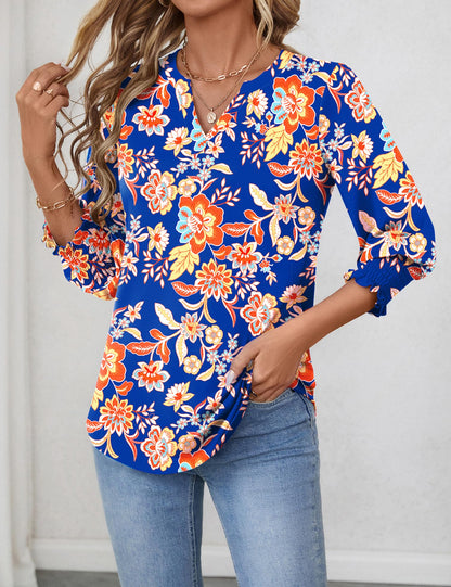 LOMON Blouses for Women Dressy Casual 3/4 Sleeve Tops for Women V Neck T Shirt Ladies Tops and Blouses Orange Blue Print L