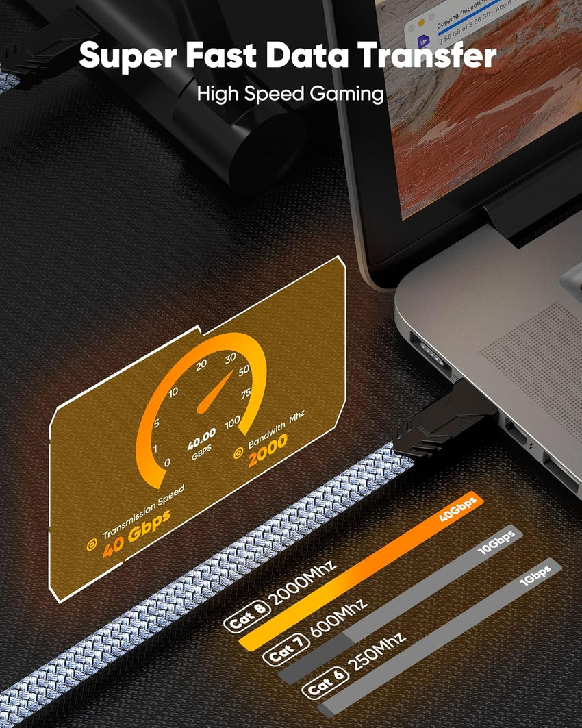 Snowkids Cat 8 Long Ethernet Cable 40 FT/12M, Flat High Speed Ethernet LAN, 40Gbps, 2000Mhz Braided High Duty Internet Network Cable, RJ45 Connector for Modem/Router/ps-3/4/5/Gaming/PC