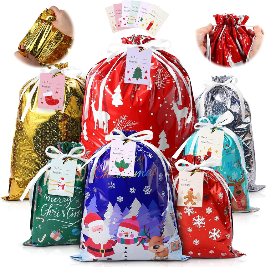 PARTTELY 30 Pack Drawstring Christmas Gift Bags Assorted Sizes Reusable Christmas Tote Bags Gifts Wrapping (22 Pack Drawstring Bags 8 Pack Tote Bags)