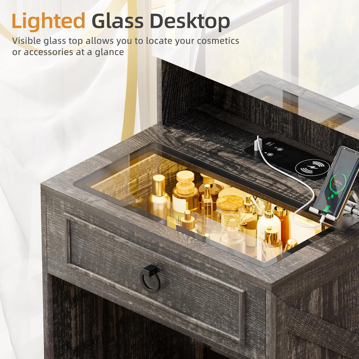 Gurexl 3 in 1 Small Vanity Desk with Lights and Mirror,Tall Lighted Compact Vanity with Charging Station,Makeup Vanity Set with Jewelry Armoire,Glass Top,Wheeled Stool with Storage,3 Drawers