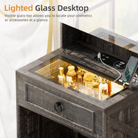 Gurexl 3 in 1 Small Vanity Desk with Lights and Mirror,Tall Lighted Compact Vanity with Charging Station,Makeup Vanity Set with Jewelry Armoire,Glass Top,Wheeled Stool with Storage,3 Drawers