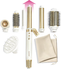 GLAMUP® 6 in 1 Hot Air Styler, Upgraded Long Barrel, Round Brush, Powerful High Speed Dryer, Tight Grip, Curling Volumizing Gift Set with Travel Bag