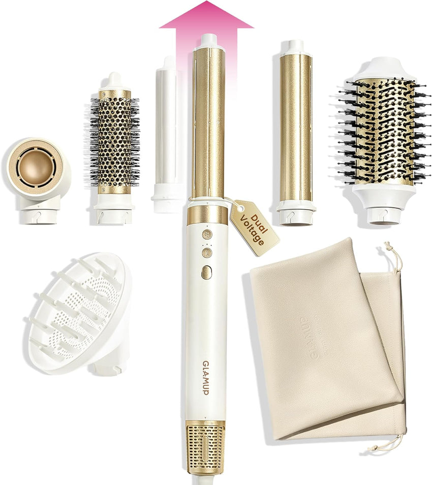 GLAMUP® 6 in 1 Hot Air Styler, Upgraded Long Barrel, Round Brush, Powerful High Speed Dryer, Tight Grip, Curling Volumizing Gift Set with Travel Bag