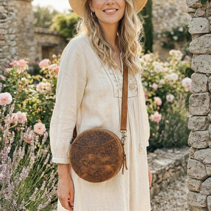 S-ZONE Leather Crossbody Bags for Women Circle Shoulder Round Purse Travel | Top Grain Leather, Keychain, Designer Handbag, Vintage, Multi Pockets, Detachable Strap, Eveyday Outing