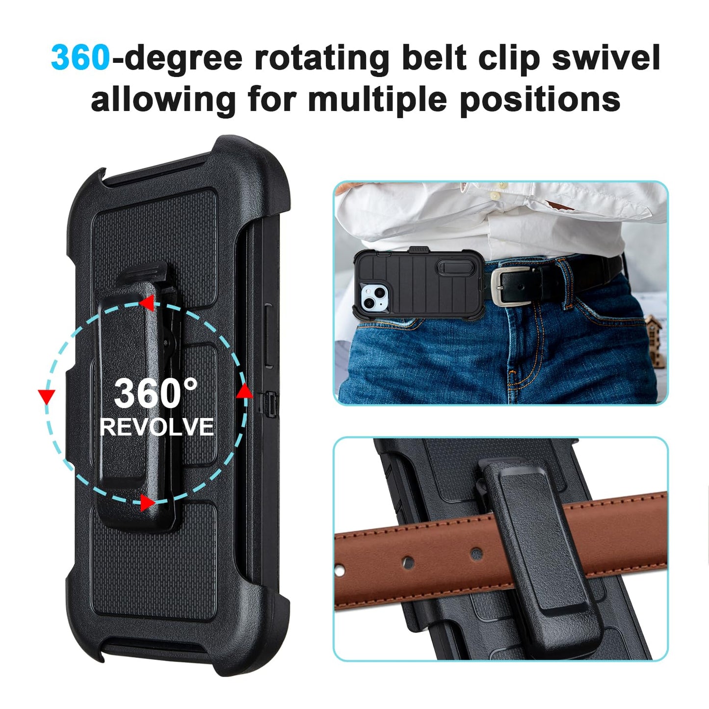 for Rugged iPhone 15 Case with Belt Clip Holster, Military Grade Heavy Duty Shockproof Cover for iPhone15 Case Protective with Stand 6.1 Inch (Black+Blue)
