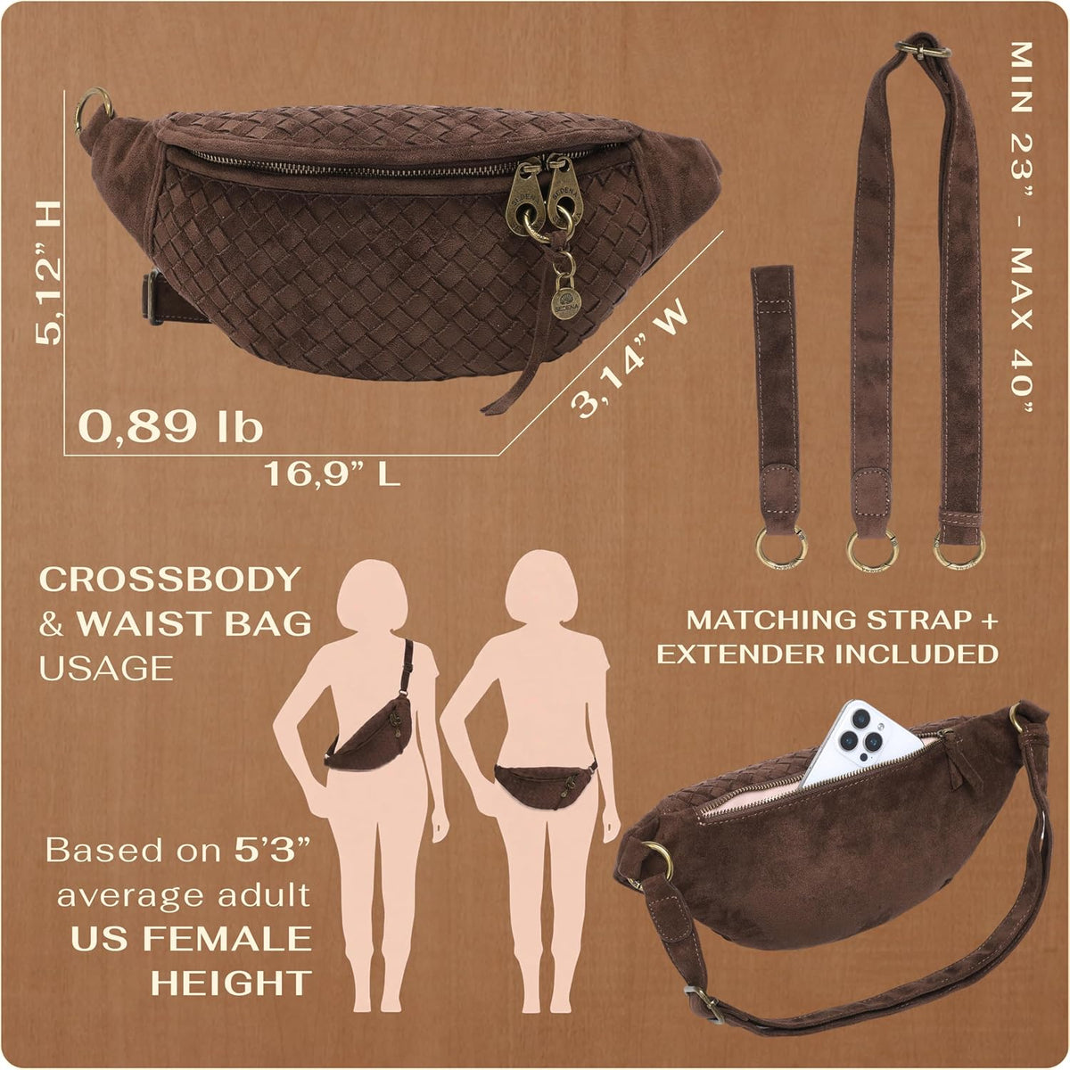 Woven Anti-Pickpocket Crossbody Bag for Women, Vegan Suede Travel Purse with RFID Pocket, Phone Pocket, Adjustable Strap and Extender, Hands-Free Sling Bag for Everyday and Travel, Dark Brown