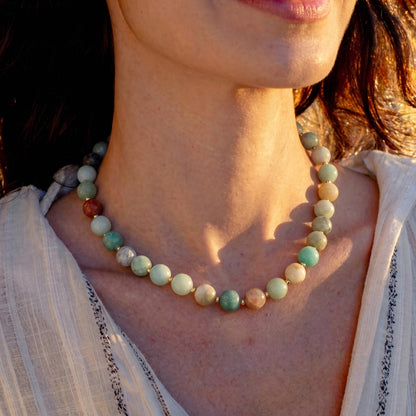 Colorful Beaded Necklace for Women Boho Statement Chunky Necklace Natural Stone Beads Gemstone Choker Necklaces Handmade Summer Beach Jewelry
