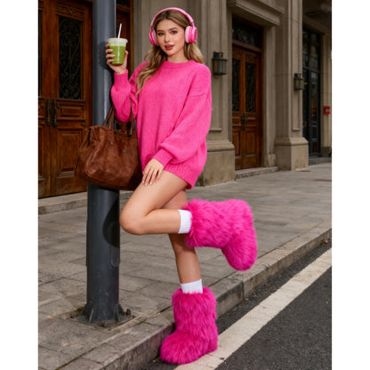 Wnshonzy Fur Boots for Women Snow Furry Fluffy Platform Flat Ankle Mini Boot Winter Round Toe Y2k Comfortable Mid-Calf Short Outdoor 2025