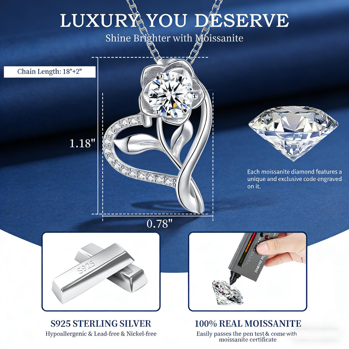 Luxury Moissanite Heart Necklace for Women – 925 Sterling Silver Heart Pendant, Sparkling Jewelry Gift for Wife, Girlfriend, Mom & Daughter