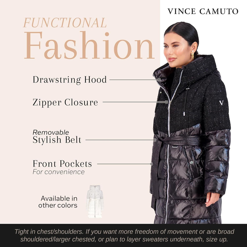 Vince Camuto Hooded Women's Puffer Jacket Womens Winter Coat with Removable Belt