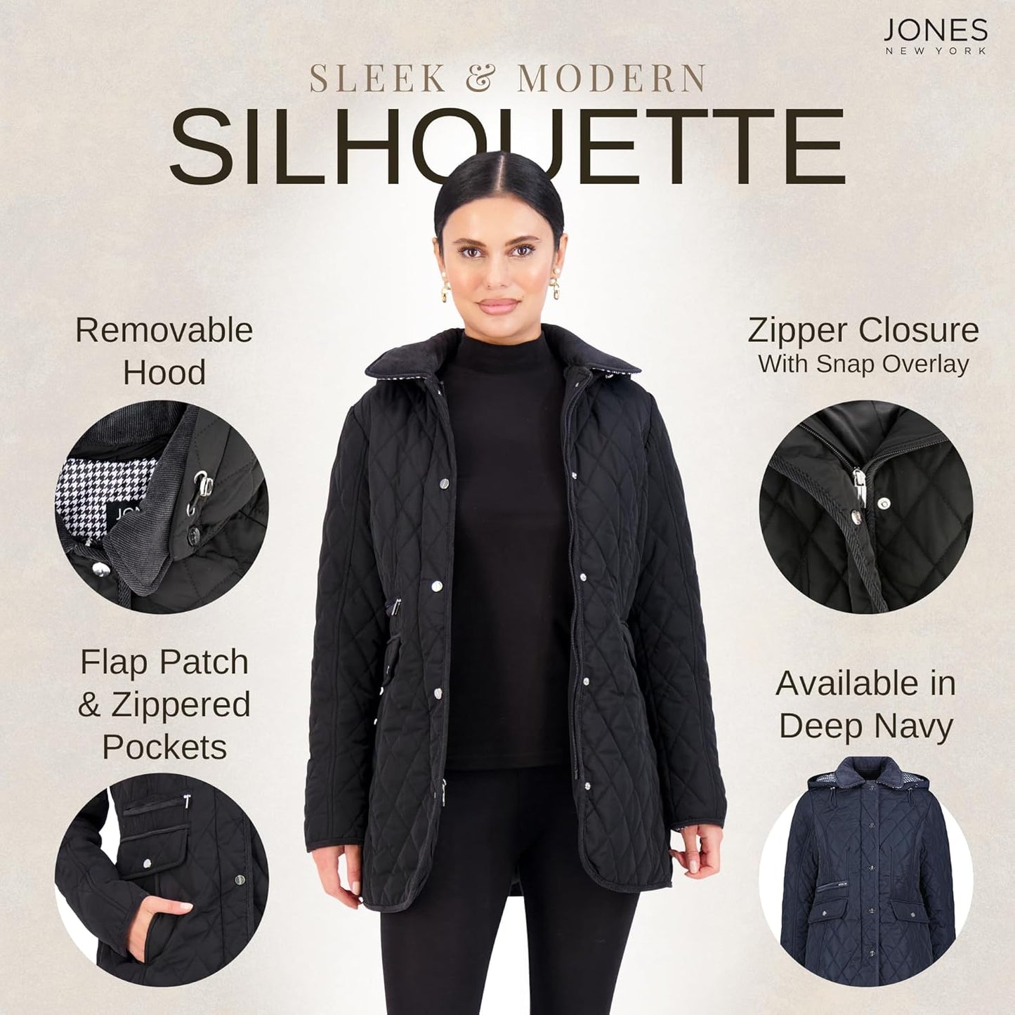 Jones NY Mid-Length Womens Quilted Jacket with Pockets - Winter Coats for Women, Black