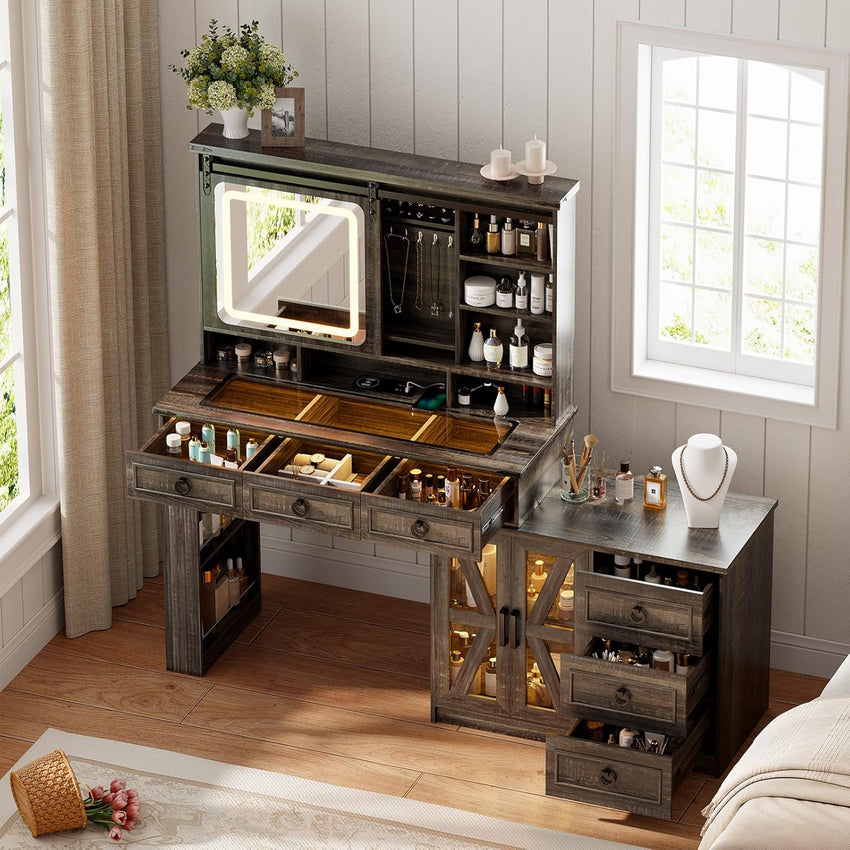 Makeup Vanity Desk with Mirror and Lights,Small Vanity Desk Set with Charging Station & Glass Top,Compact Dressing Table with Jewelry Cabinet & Storage Wheel Stool for Bedroom, Rustic Brown