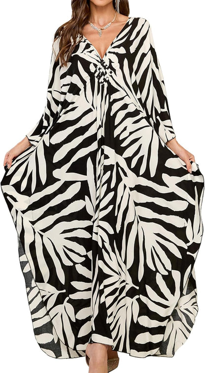 Women Kaftan Dresses Plus Size V-Neck Batwing Sleeves Beach Cover Up 2025 Summer Floral Print Caftan Dress