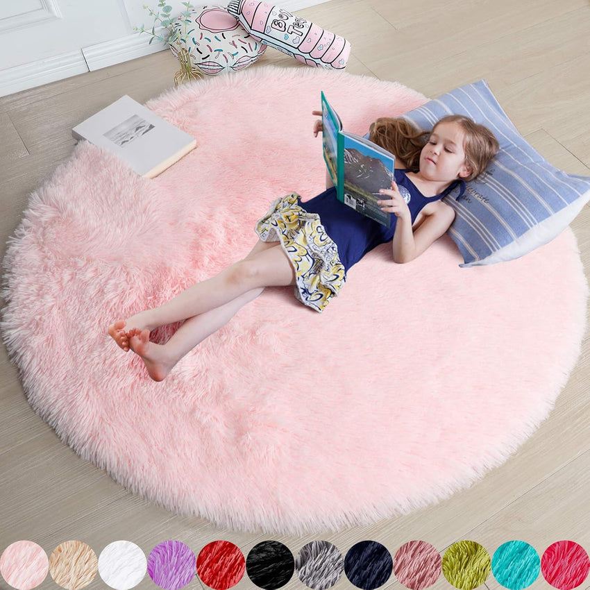 Amdrebio Light Pink Round Rug 4Ft for Girls Bedroom, Fluffy Circle Area Rugs for Kids Room Decor Aesthetic, Cute Shag Fuzzy Carpet for Nursery, Preppy Dorm, Classroom, Playroom, Teen, Baby, Washable