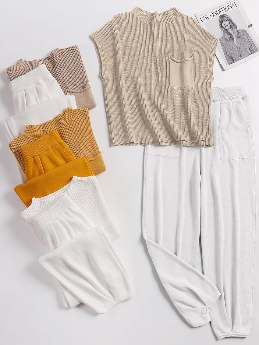 ANRABESS Women's Two Piece Outfits Knit Sweater Vest Crop Top Pants Lounge Matching Tracksuit Sweatsuit Travel Clothes Sets