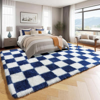 KICMOR Navy Blue and Cream White Rugs for Living Room, 4x6 Fluffy Fuzzy Shag Checkered Rug Shaggy Carpet for Bedroom, Soft Plush Area Rug for Nursery Toddler Room Classroom Study Room Kids Room