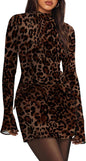 OFEEFAN Women's Fall Long Sleeve Mock Neck Dress Basic Party Club Bodycon Mini Dresses