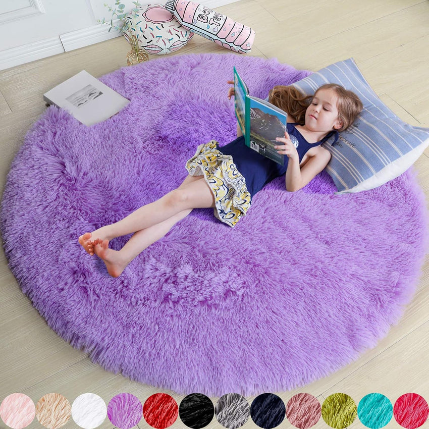 Amdrebio Light Pink Round Rug 4Ft for Girls Bedroom, Fluffy Circle Area Rugs for Kids Room Decor Aesthetic, Cute Shag Fuzzy Carpet for Nursery, Preppy Dorm, Classroom, Playroom, Teen, Baby, Washable