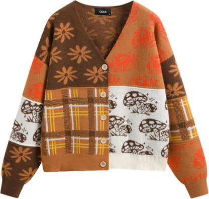 CIDER Cardigans for Women Trendy Mushroom Patchy V Neck Knit Button Down Conversational Pattern Oversized Cardigan