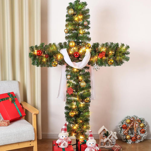 6ft Christmas Cross Tree with 100 Lights and a White Silk Scarf Christmas Decorations Jesus Christ Catholic Cross Decor He is Risen for Outdoor Home Decor (6 ft)