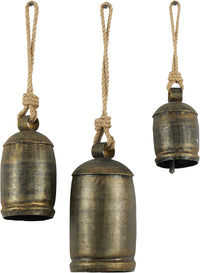 Deco 79 Gold Metal Tibetan Inspired Decorative Giant XL Cow Bells with Jute Hanging Rope, Set of 3 10",8",6"H - Cylindrical