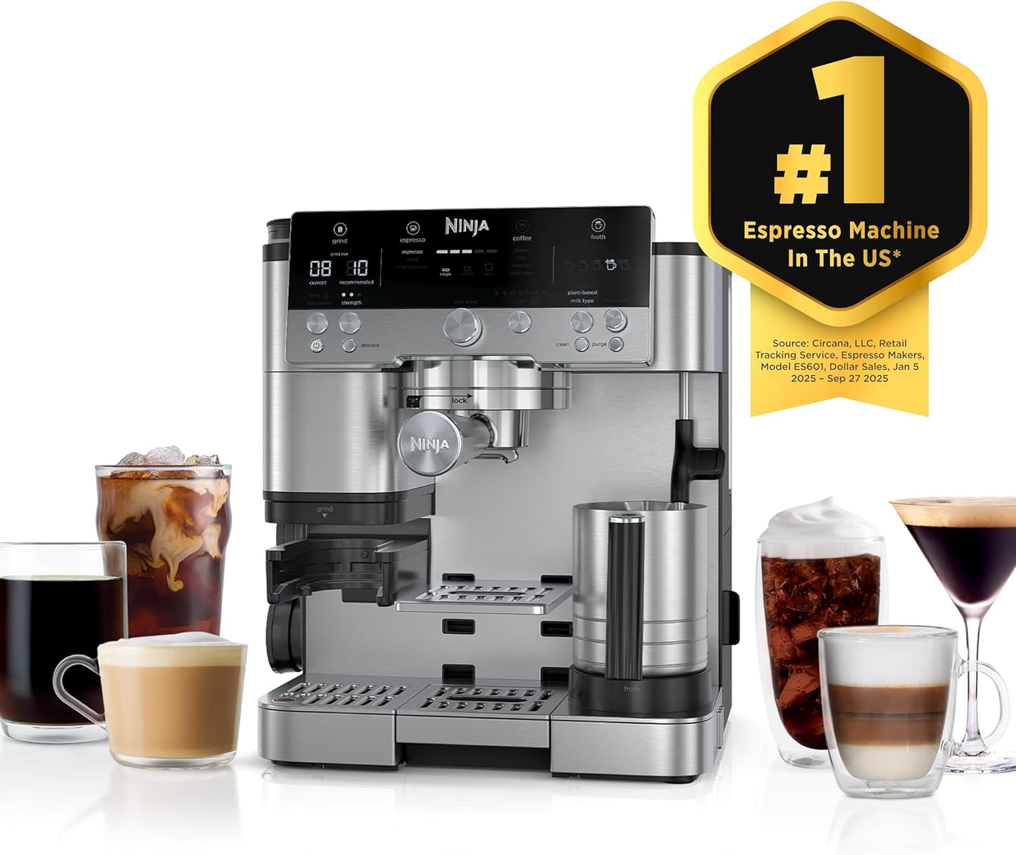 Ninja Luxe Café 3-in-1 Espresso, Drip Coffee and Cold Brew Machine | Intergrated Coffee Grinder, Milk Frother, Assisted Tamper & Built-In Espresso Accessory Storage | Stainless Steel | ES601