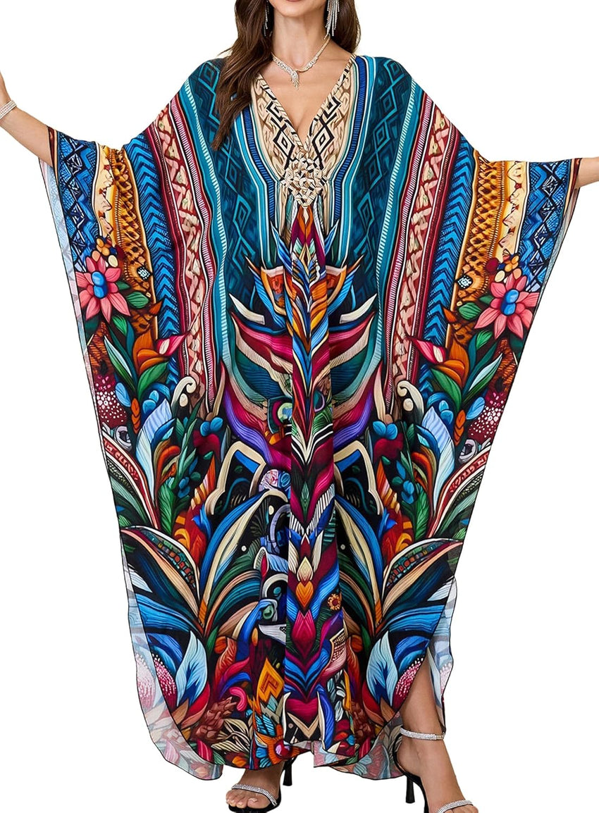 Women Kaftan Dresses Plus Size V-Neck Batwing Sleeves Beach Cover Up 2025 Summer Floral Print Caftan Dress