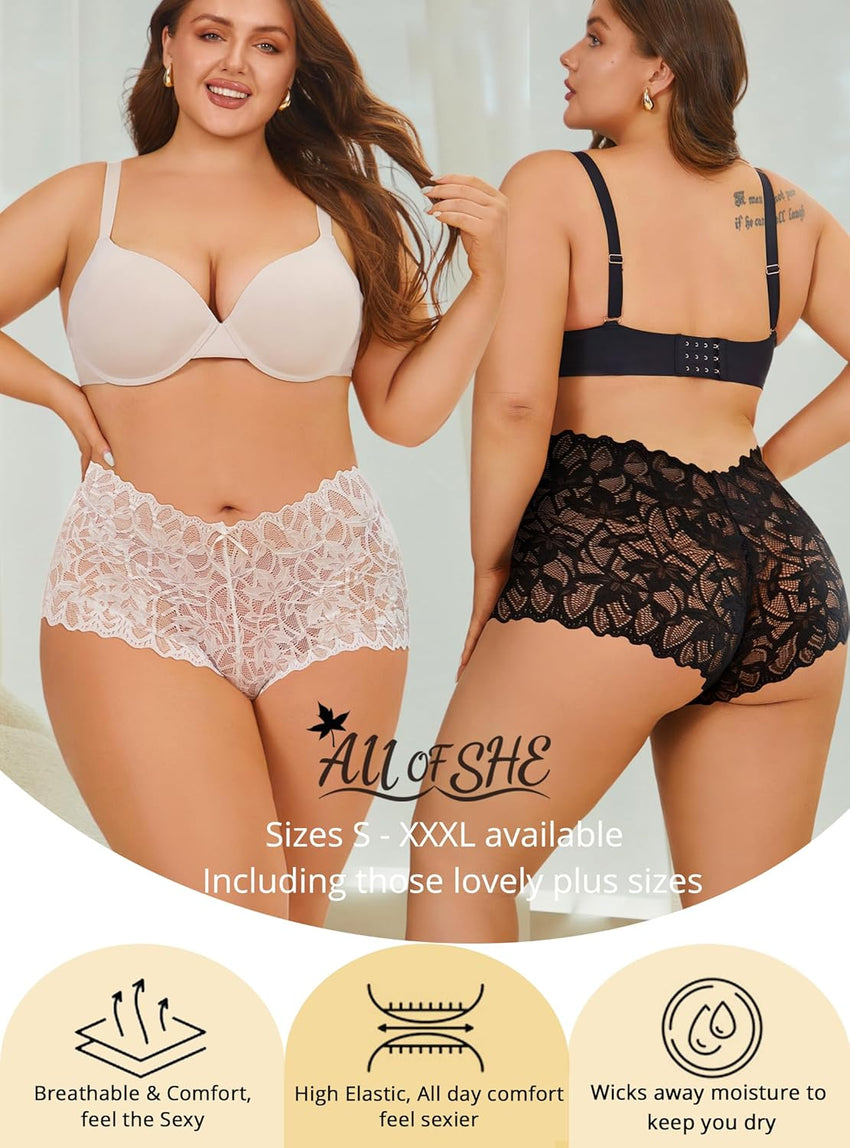 Sexy Underwear Panties for Women Cheeky V Waist Lace Boyshorts Plus Size Underwear Women 5 Pack