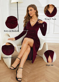 V Neck Long Sleeve Velvet Bodycon Midi Dress Glitter Ruched Formal Cocktail Party Dresses