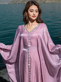 Elegant Butterfly Shine Abaya Dress, Dusty Rose, V-Neck Muslim Dress with Crystal Hand Beading, Kaftan Style, One-Size