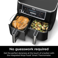 Ninja DZ550 Foodi 10 Quart 6-in-1 DualZone Smart XL Air Fryer with 2 Independent Baskets, Smart Cook Thermometer for Perfect Doneness, Match Cook & Smart Finish to Roast, Dehydrate & More, Grey
