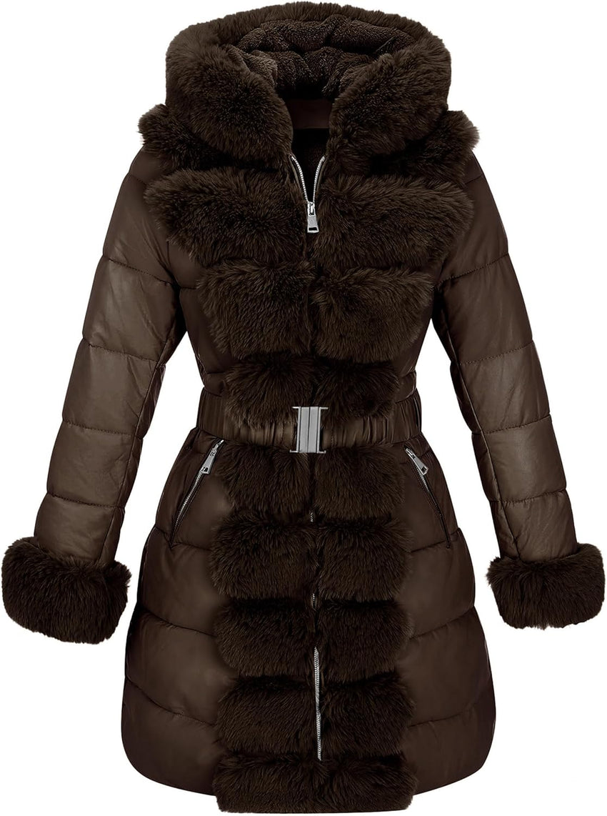 RISISSIDA Women Winter Fur Lined Coat,Puffer Jacket with Long Fur Trim Hooded,Warm Leather Bubble Overcoat Cold-resistant