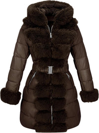 RISISSIDA Women Winter Fur Lined Coat,Puffer Jacket with Long Fur Trim Hooded,Warm Leather Bubble Overcoat Cold-resistant