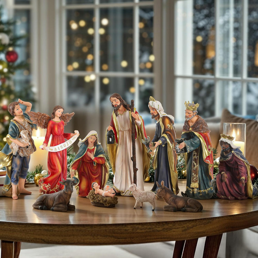 Nativity Scene Set with LED Lights,15.3" Resin Holy Family Character Stables Sculpture Manger Figurine for Indoor Tabletop Fireplace Christmas Decorations