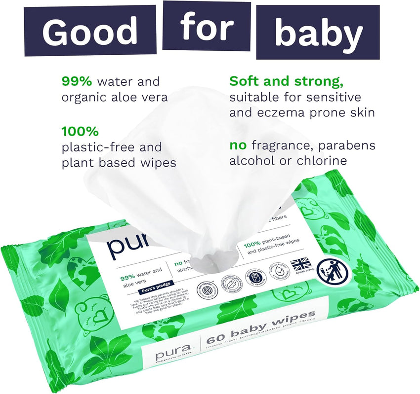 Pura Natural Sensitive Baby Wipes, 99% Water, Unscented & Hypoallergenic, Suitable for Sensitive & Eczema-prone Skin, Hypoallergenic, EWG Verified, 10 Pack of 60 Wet Wipes (600 Diaper Wipes) Bulk Buy