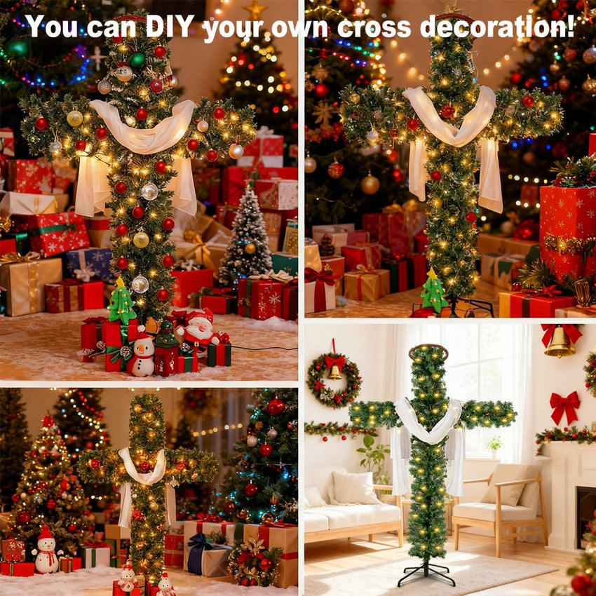 Christmas Tree Shaped Like a Cross, Foldable Cross Christmas Tree, Pre-Lit Artificial Pine Christmas Cross, with Light String, White Scarves and Wooden Rattan Ring, Large Christmas Decorations(5ft)