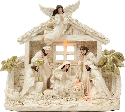 Valery Madelyn Christmas Nativity Figurines with LED Lights, Red Gold Holy Family Nativity Scenes Set Resin Manger for Xmas Indoor Home Table Fireplace Holiday Decorations, 10.6 Inch Tall